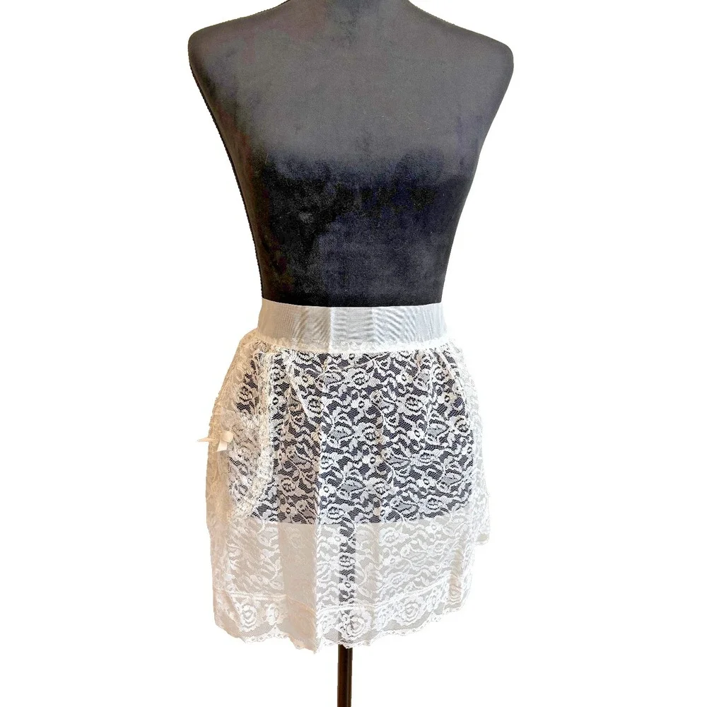 Vintage White Floral Lace Half Apron Sheer Organza Tie Waist Coquette Bow Pocket